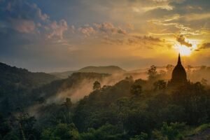 sunset, stupa, buddhism, dusk, religious, religion, nature, faith, theravada buddhism, landscape, pagoda, peace
